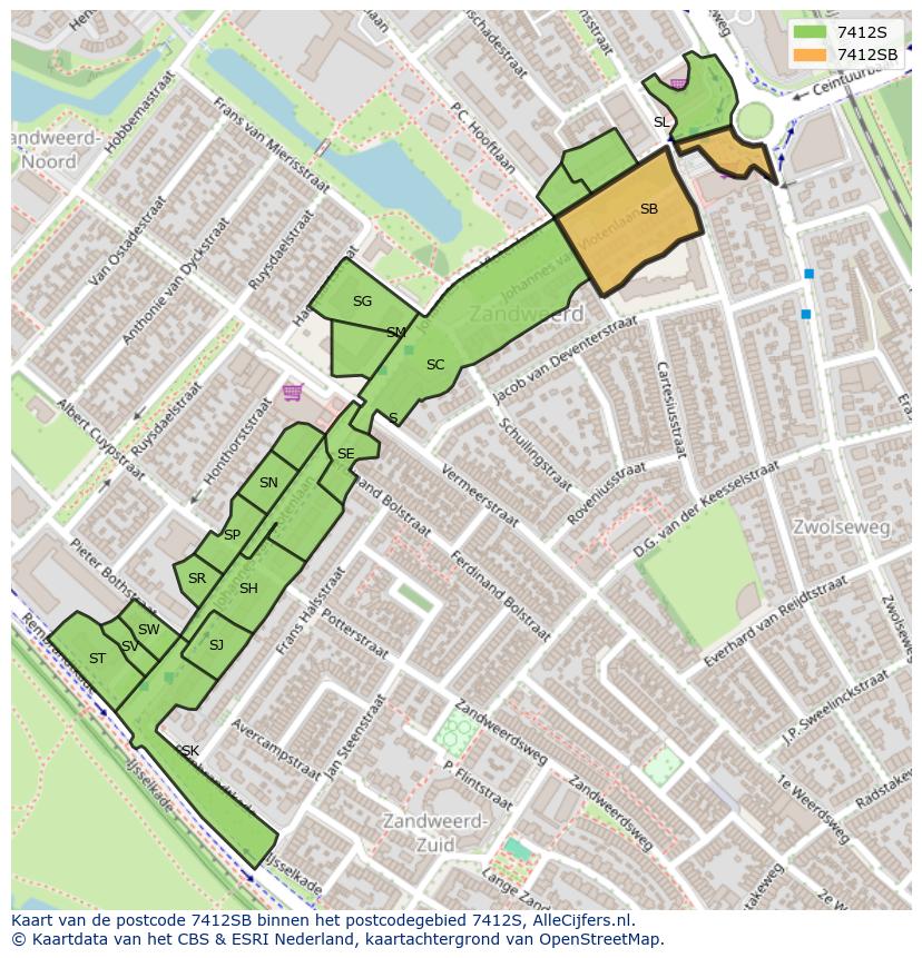 Afbeelding van het postcodegebied 7412 SB op de kaart.