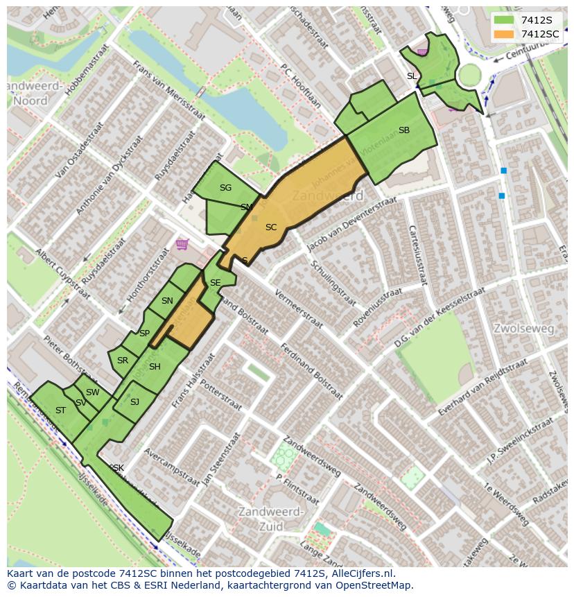 Afbeelding van het postcodegebied 7412 SC op de kaart.