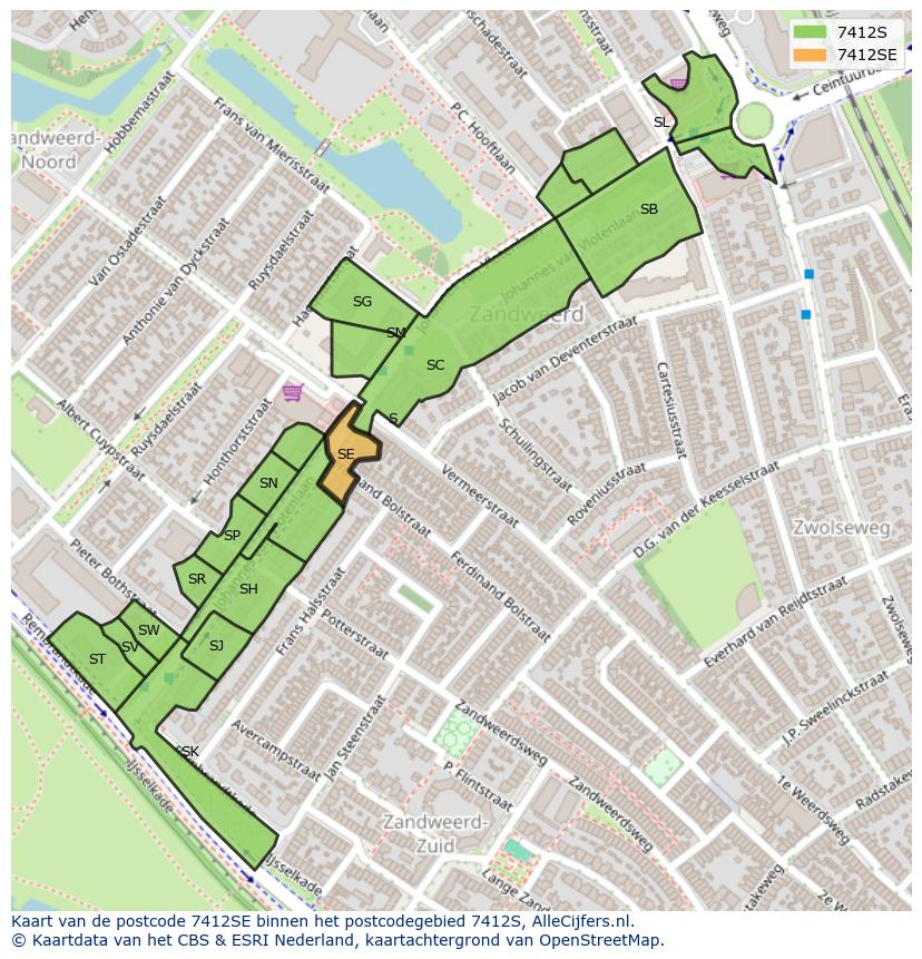 Afbeelding van het postcodegebied 7412 SE op de kaart.