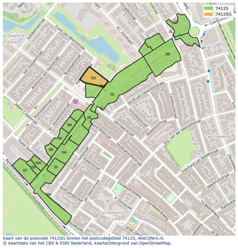 Afbeelding van het postcodegebied 7412 SG op de kaart.