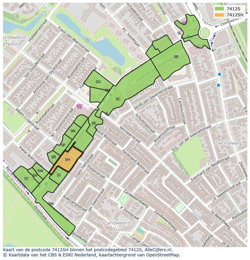 Afbeelding van het postcodegebied 7412 SH op de kaart.