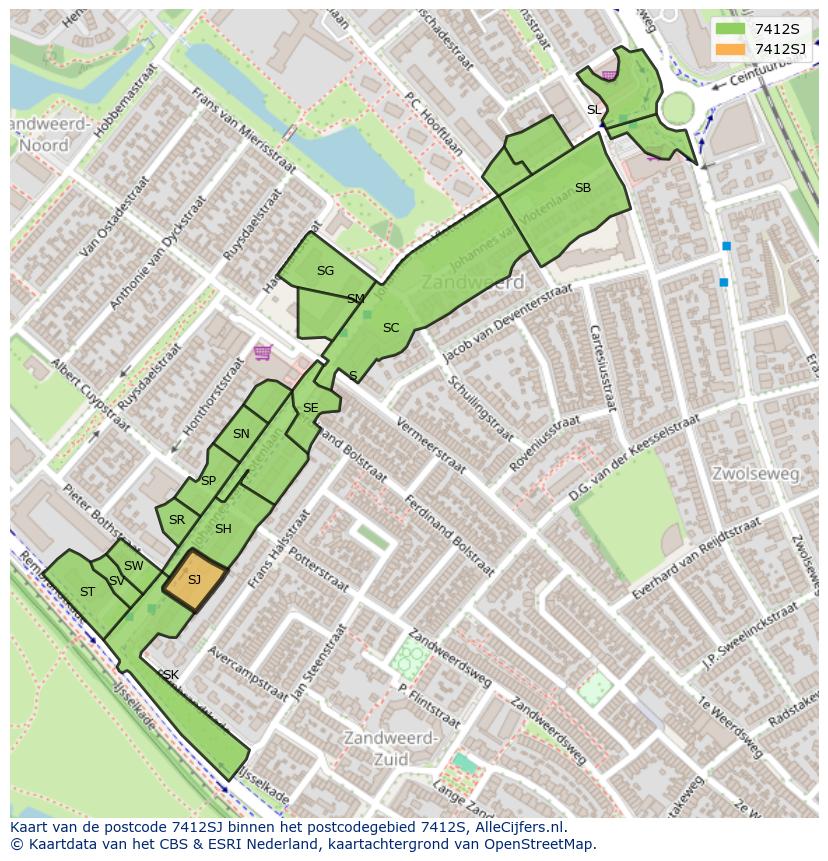 Afbeelding van het postcodegebied 7412 SJ op de kaart.