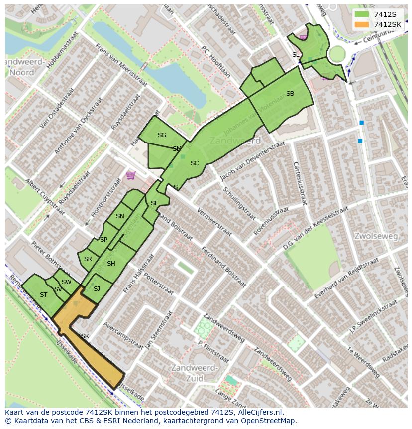 Afbeelding van het postcodegebied 7412 SK op de kaart.