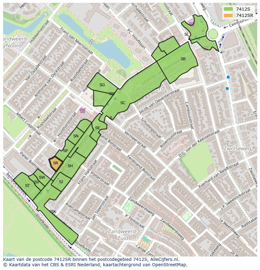 Afbeelding van het postcodegebied 7412 SR op de kaart.