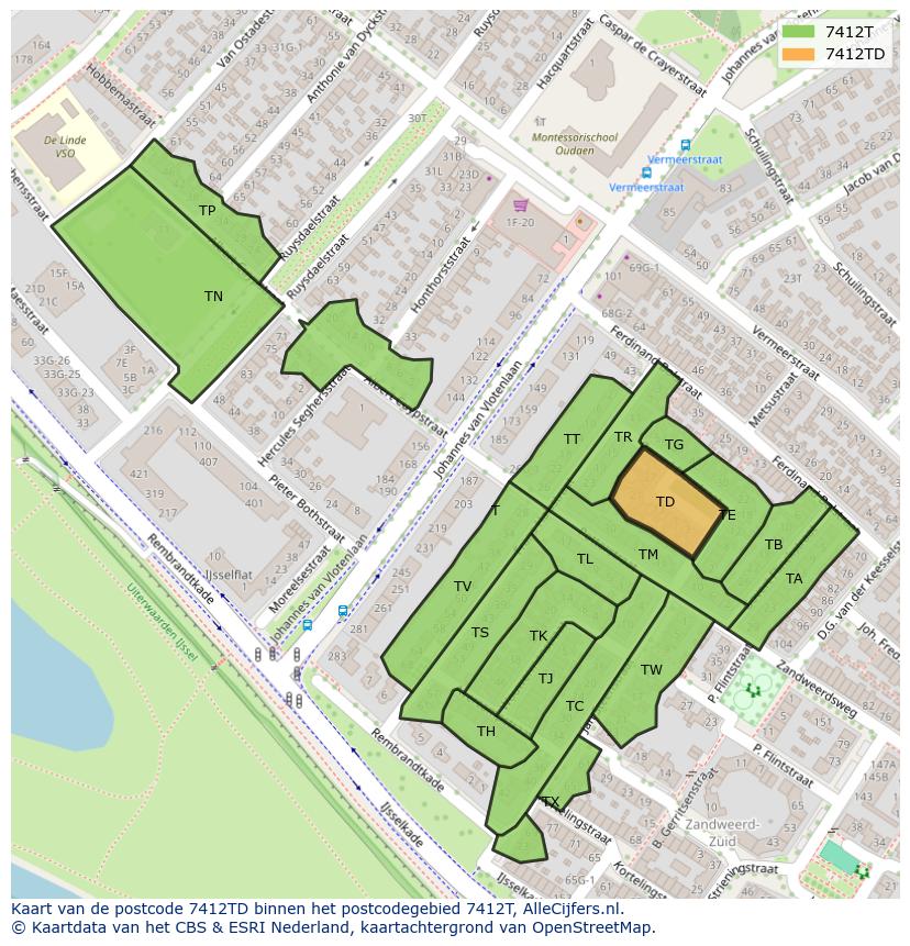 Afbeelding van het postcodegebied 7412 TD op de kaart.
