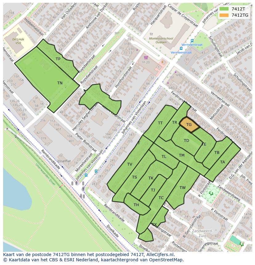 Afbeelding van het postcodegebied 7412 TG op de kaart.