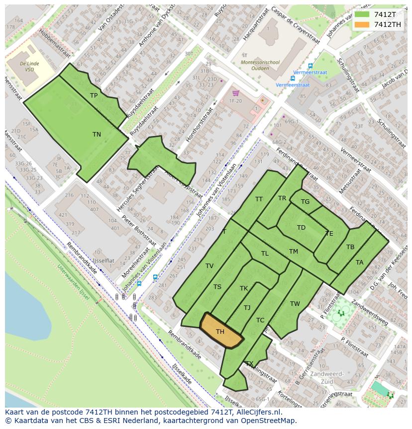 Afbeelding van het postcodegebied 7412 TH op de kaart.
