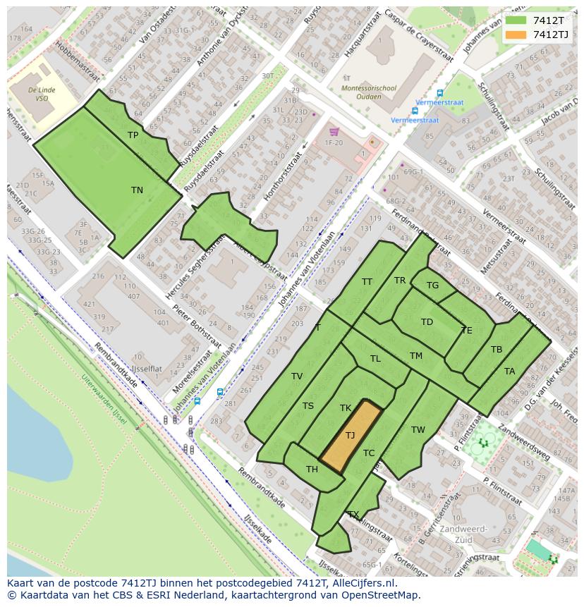 Afbeelding van het postcodegebied 7412 TJ op de kaart.