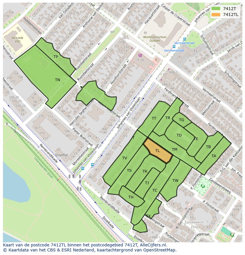Afbeelding van het postcodegebied 7412 TL op de kaart.