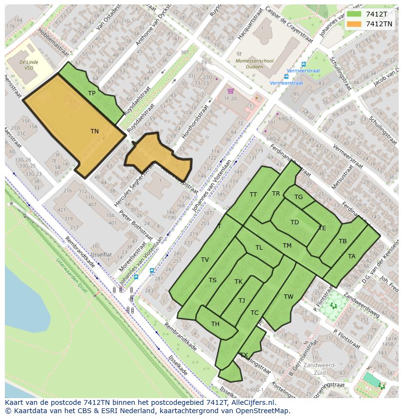 Afbeelding van het postcodegebied 7412 TN op de kaart.