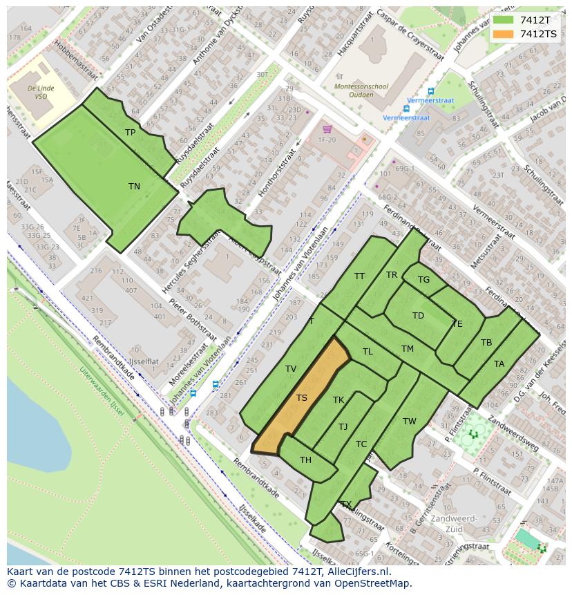 Afbeelding van het postcodegebied 7412 TS op de kaart.