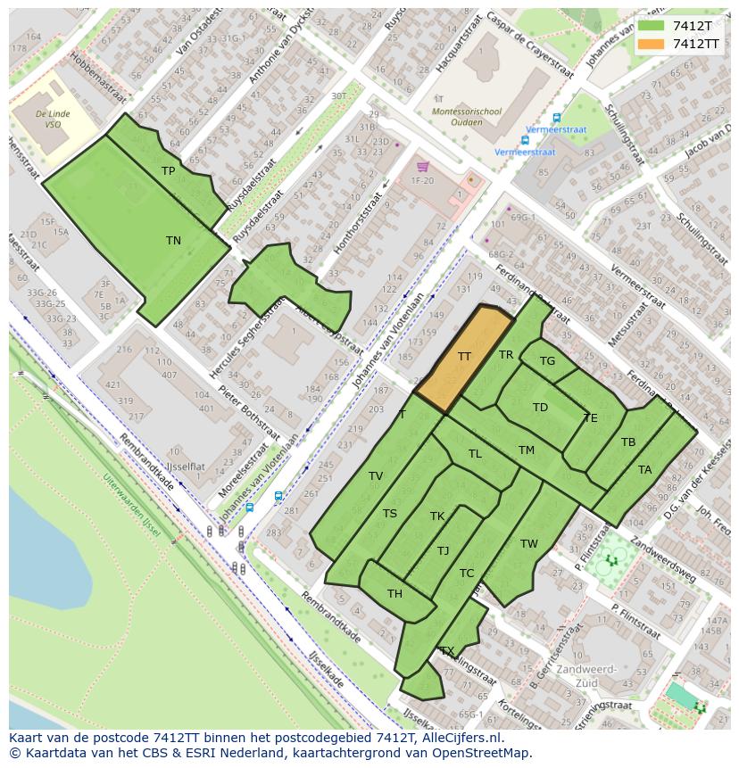 Afbeelding van het postcodegebied 7412 TT op de kaart.
