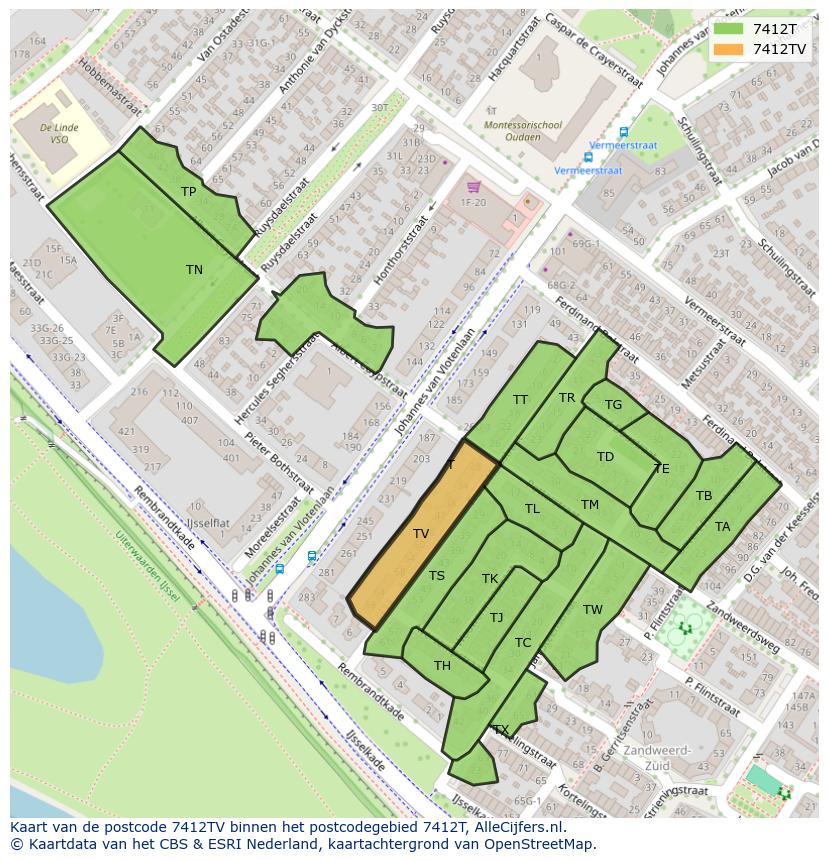 Afbeelding van het postcodegebied 7412 TV op de kaart.