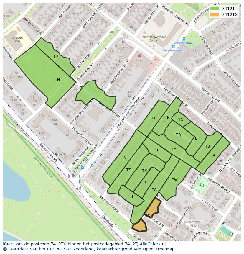 Afbeelding van het postcodegebied 7412 TX op de kaart.