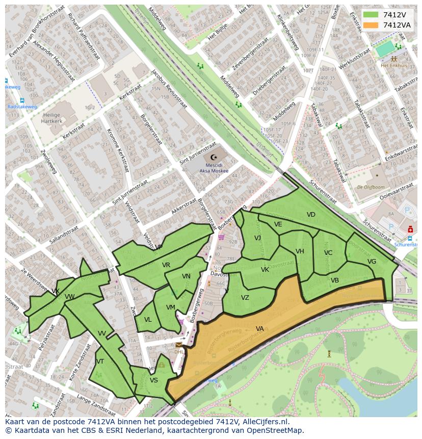 Afbeelding van het postcodegebied 7412 VA op de kaart.