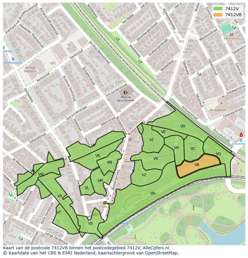 Afbeelding van het postcodegebied 7412 VB op de kaart.