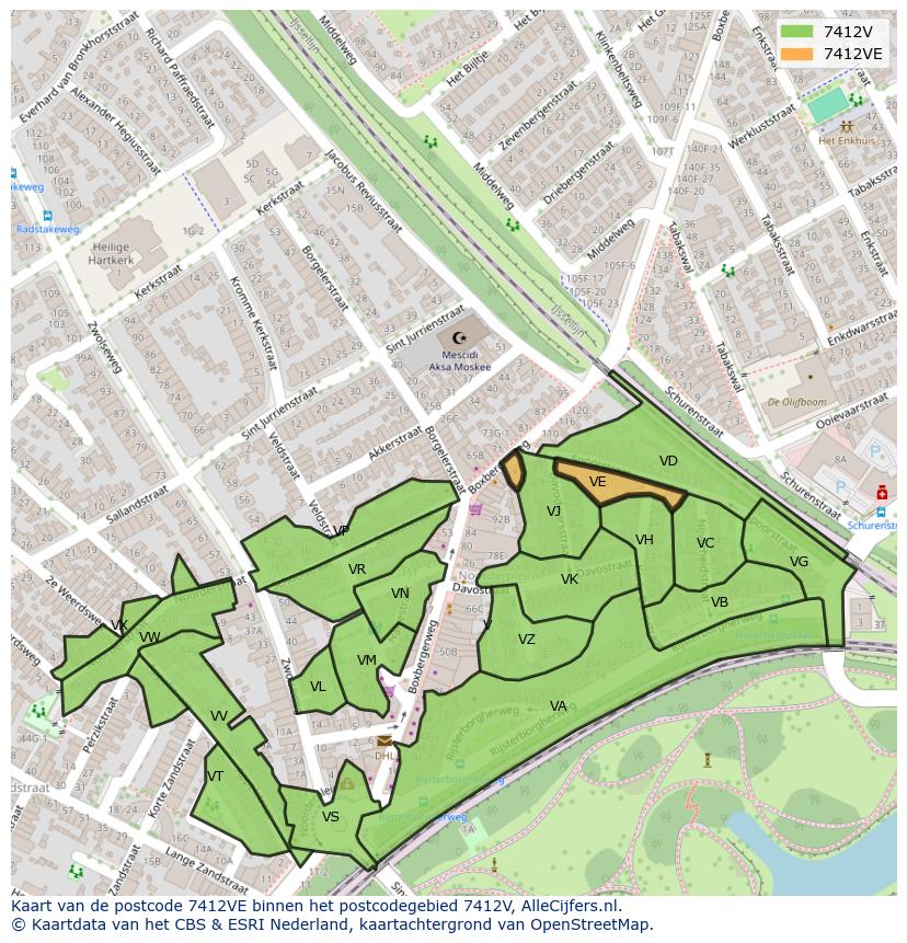 Afbeelding van het postcodegebied 7412 VE op de kaart.