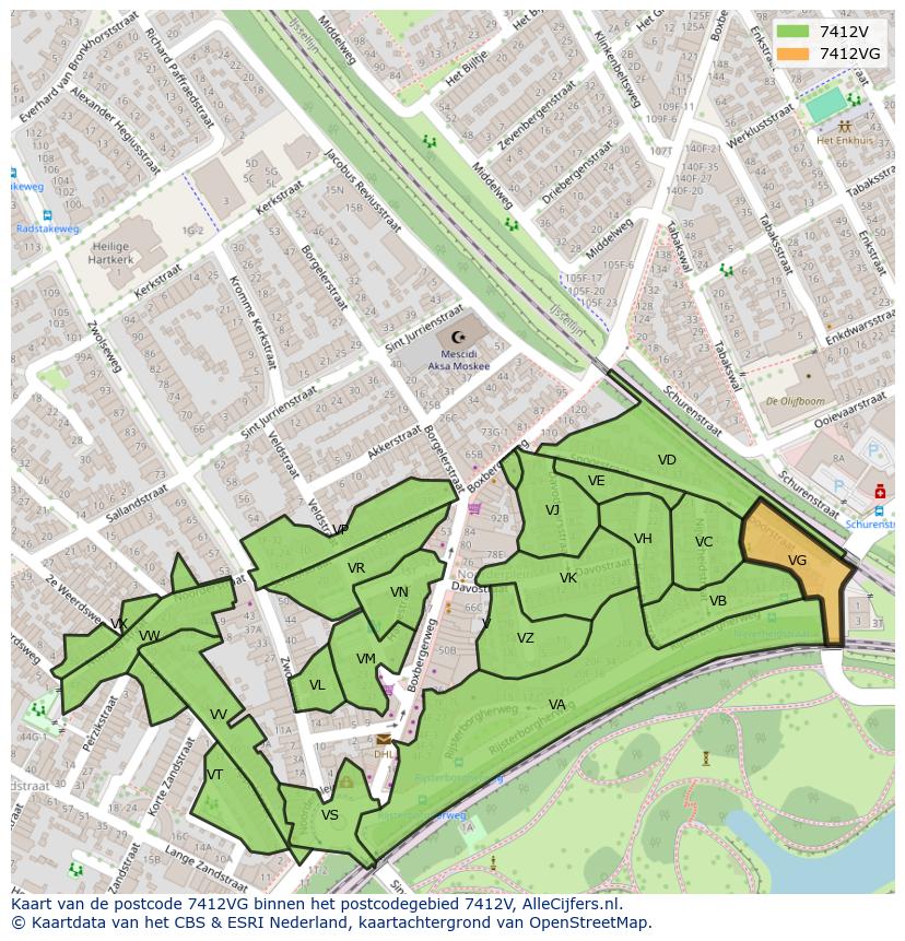 Afbeelding van het postcodegebied 7412 VG op de kaart.
