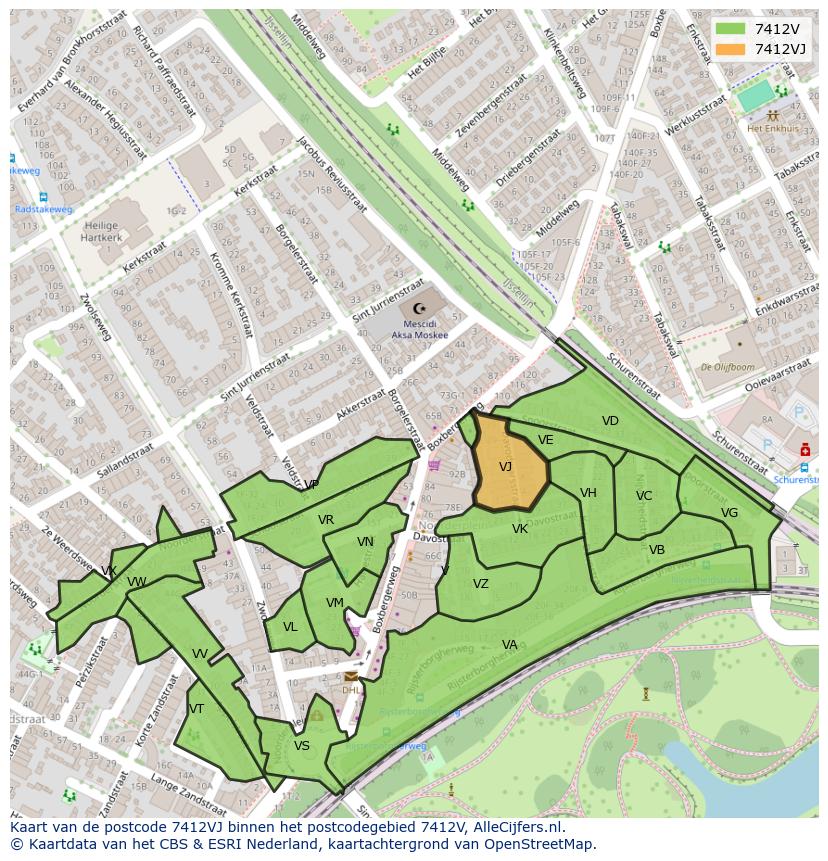 Afbeelding van het postcodegebied 7412 VJ op de kaart.