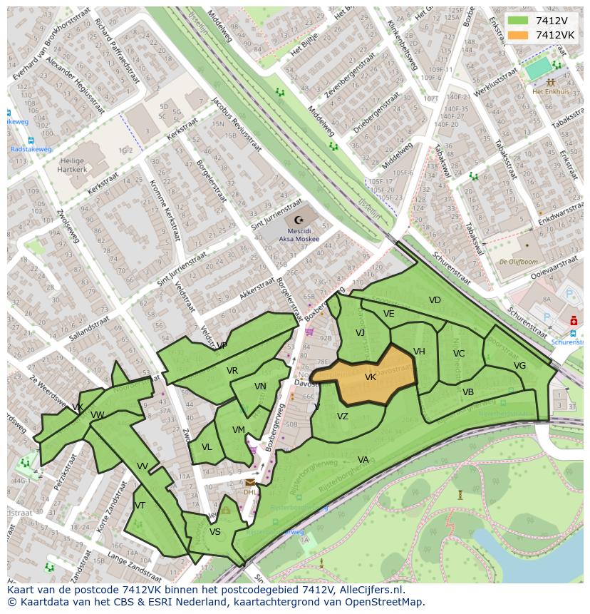 Afbeelding van het postcodegebied 7412 VK op de kaart.
