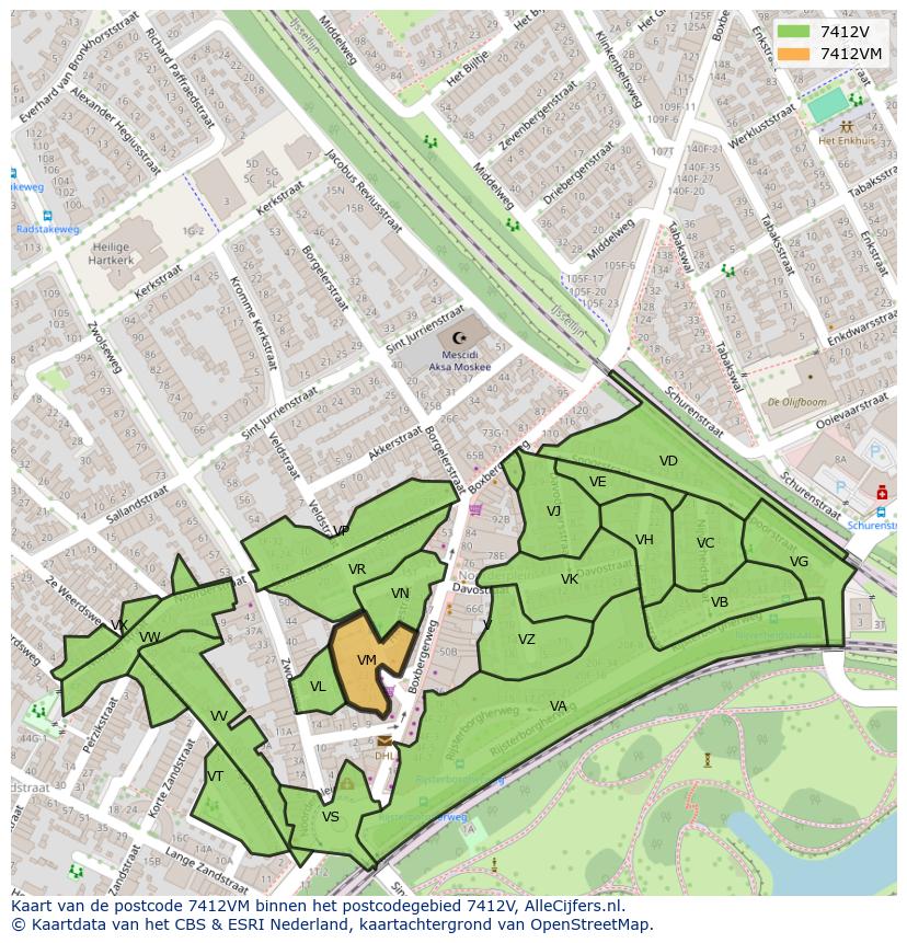 Afbeelding van het postcodegebied 7412 VM op de kaart.