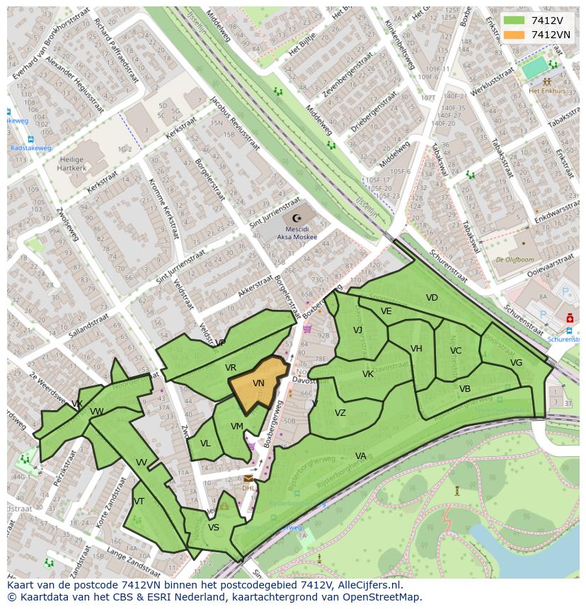 Afbeelding van het postcodegebied 7412 VN op de kaart.