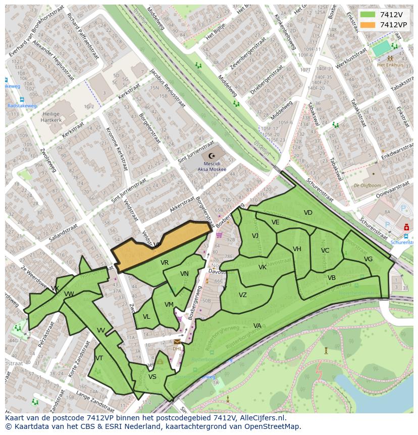 Afbeelding van het postcodegebied 7412 VP op de kaart.