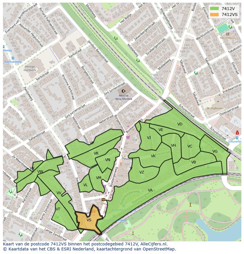 Afbeelding van het postcodegebied 7412 VS op de kaart.