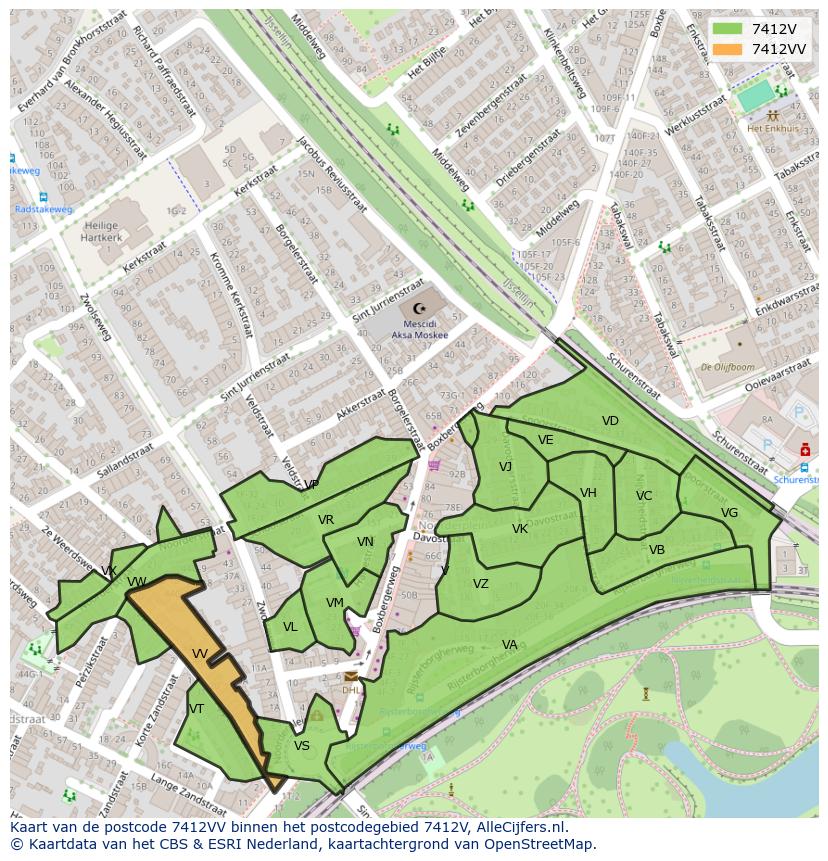 Afbeelding van het postcodegebied 7412 VV op de kaart.