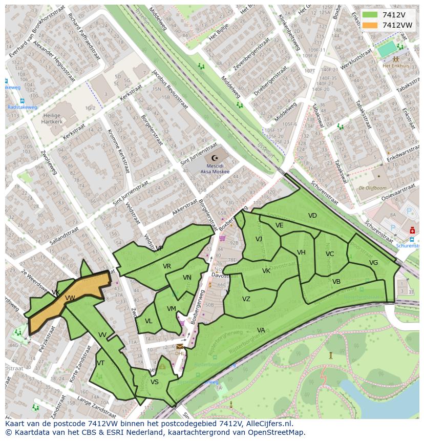 Afbeelding van het postcodegebied 7412 VW op de kaart.