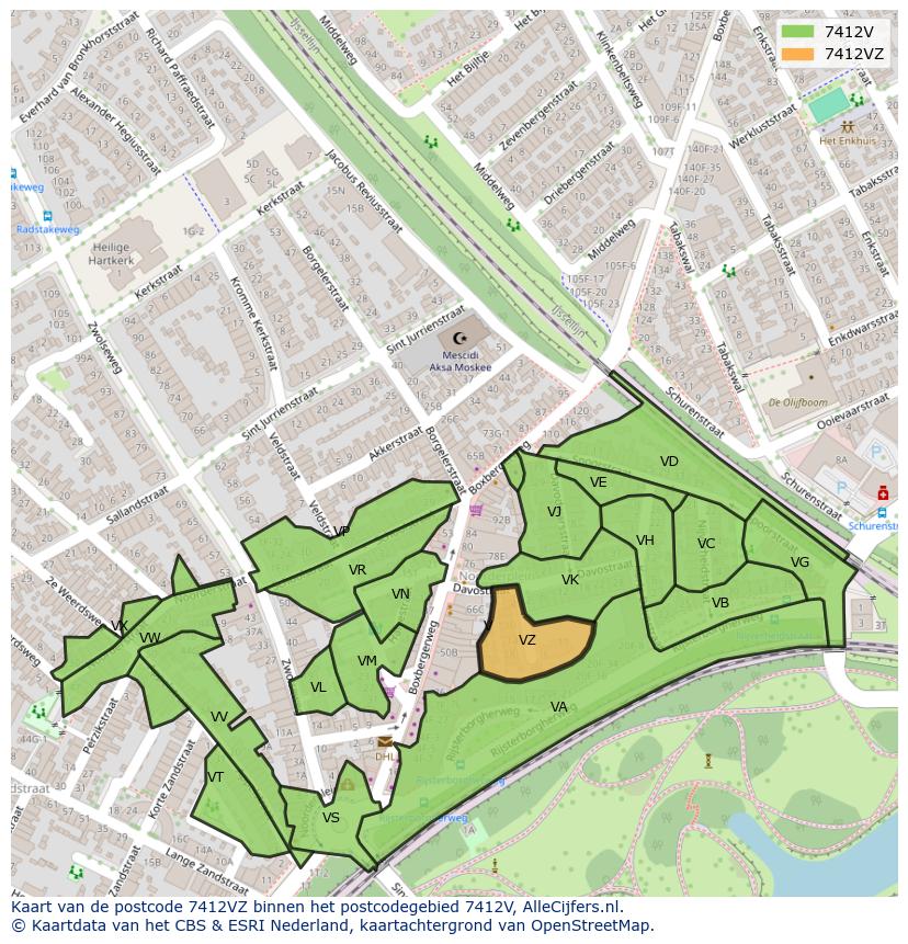 Afbeelding van het postcodegebied 7412 VZ op de kaart.