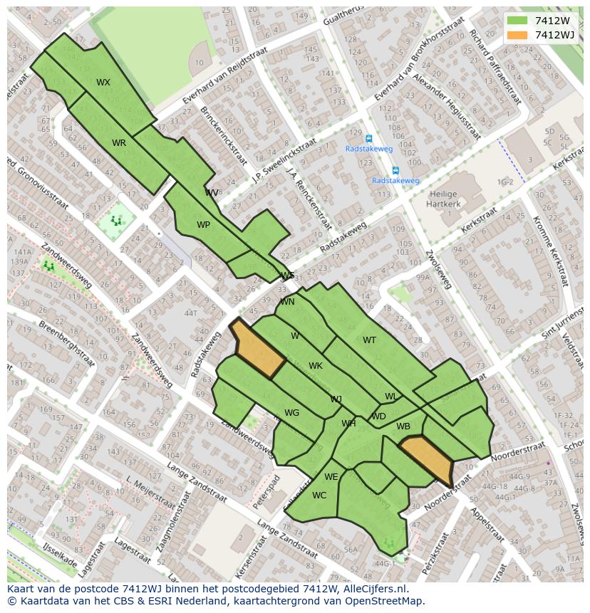 Afbeelding van het postcodegebied 7412 WJ op de kaart.