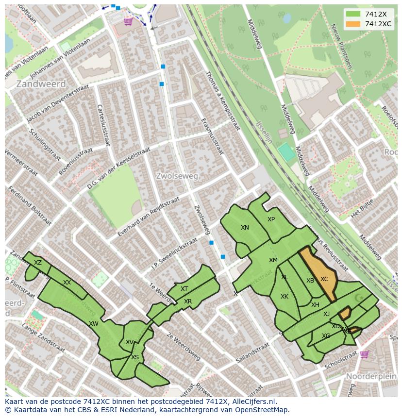 Afbeelding van het postcodegebied 7412 XC op de kaart.
