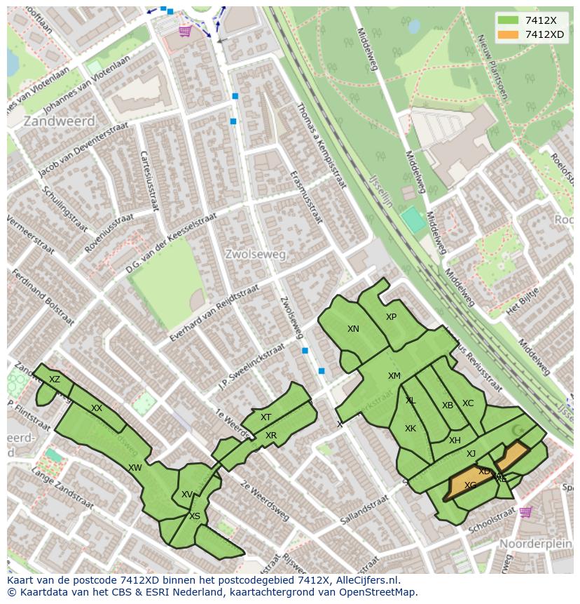 Afbeelding van het postcodegebied 7412 XD op de kaart.