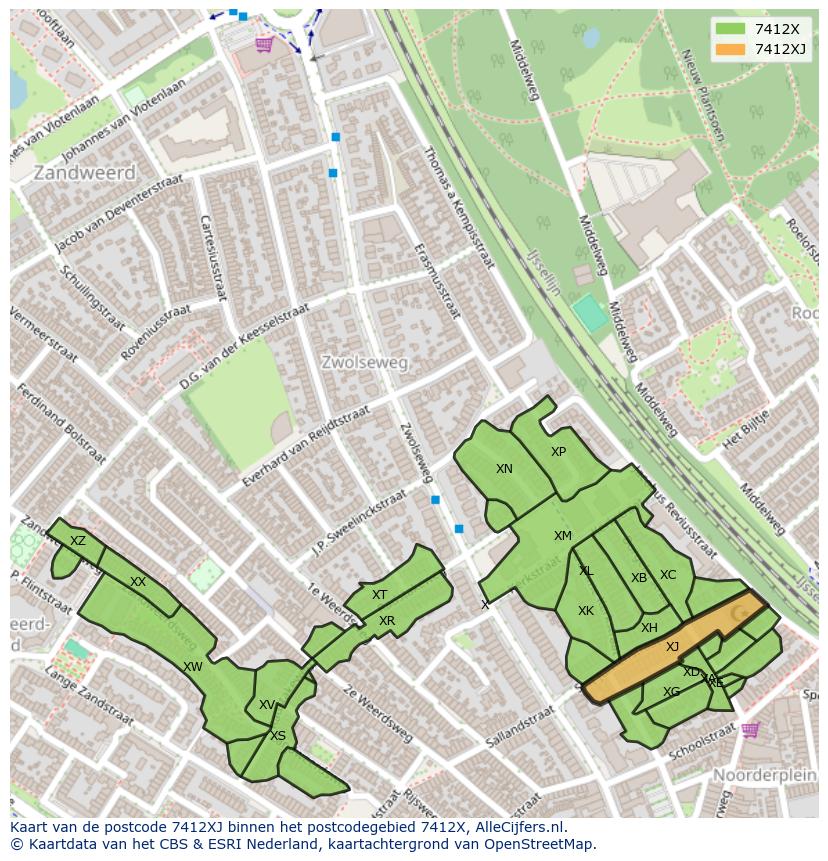 Afbeelding van het postcodegebied 7412 XJ op de kaart.