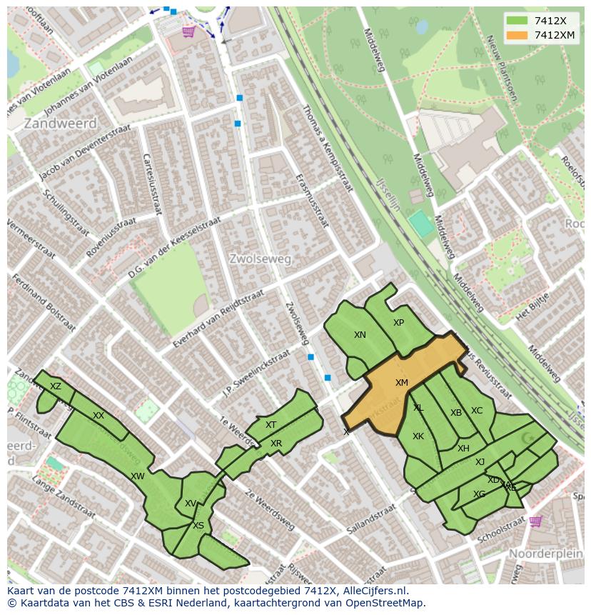 Afbeelding van het postcodegebied 7412 XM op de kaart.