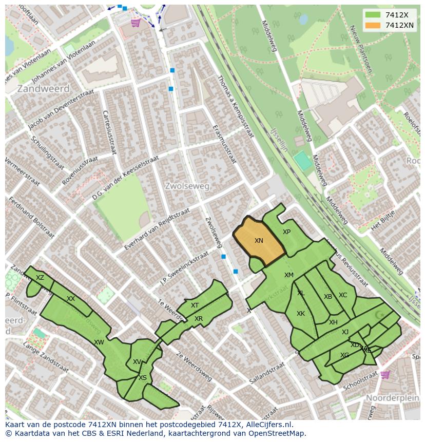 Afbeelding van het postcodegebied 7412 XN op de kaart.