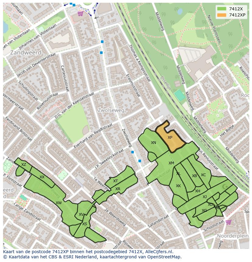 Afbeelding van het postcodegebied 7412 XP op de kaart.
