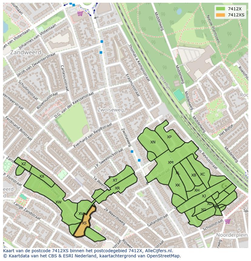 Afbeelding van het postcodegebied 7412 XS op de kaart.