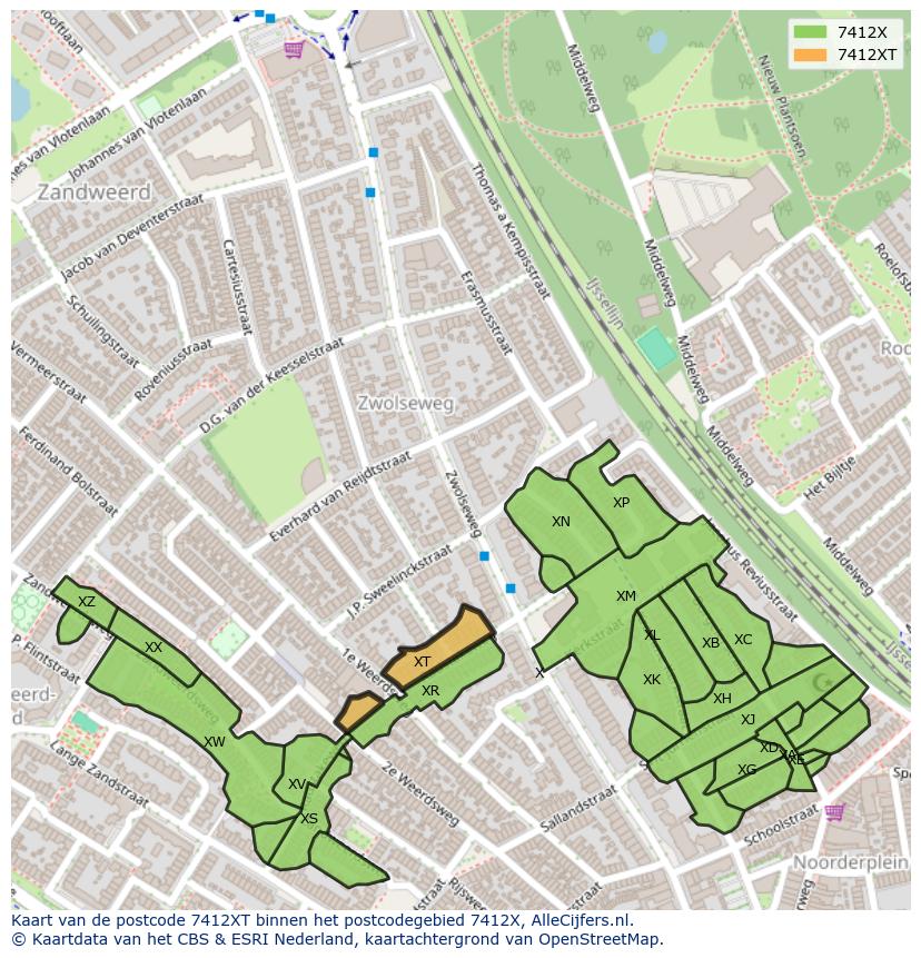 Afbeelding van het postcodegebied 7412 XT op de kaart.