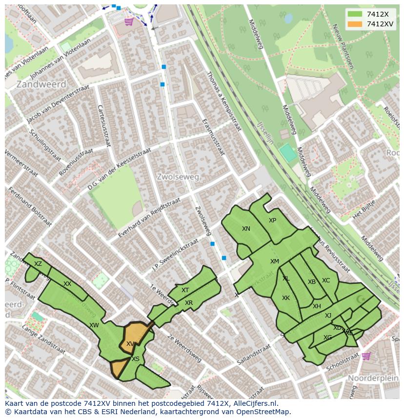 Afbeelding van het postcodegebied 7412 XV op de kaart.