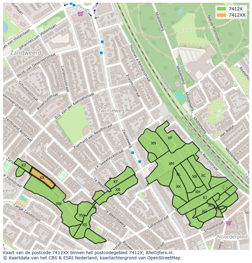Afbeelding van het postcodegebied 7412 XX op de kaart.