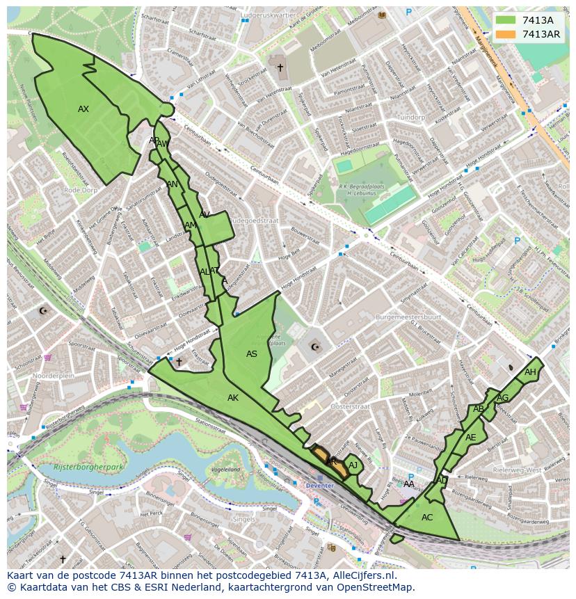Afbeelding van het postcodegebied 7413 AR op de kaart.