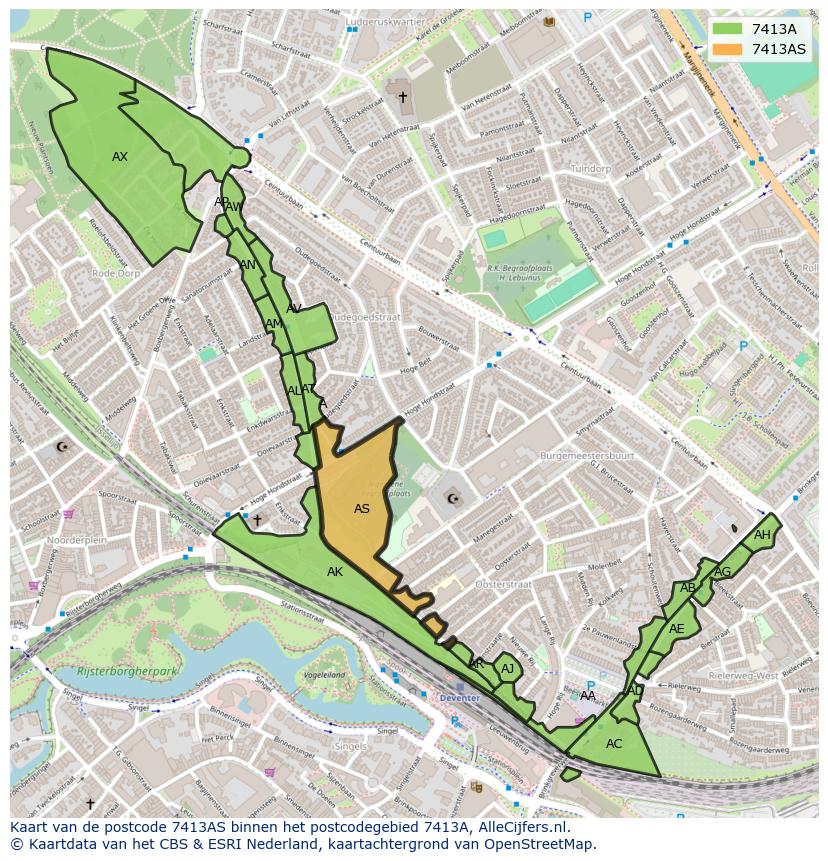 Afbeelding van het postcodegebied 7413 AS op de kaart.
