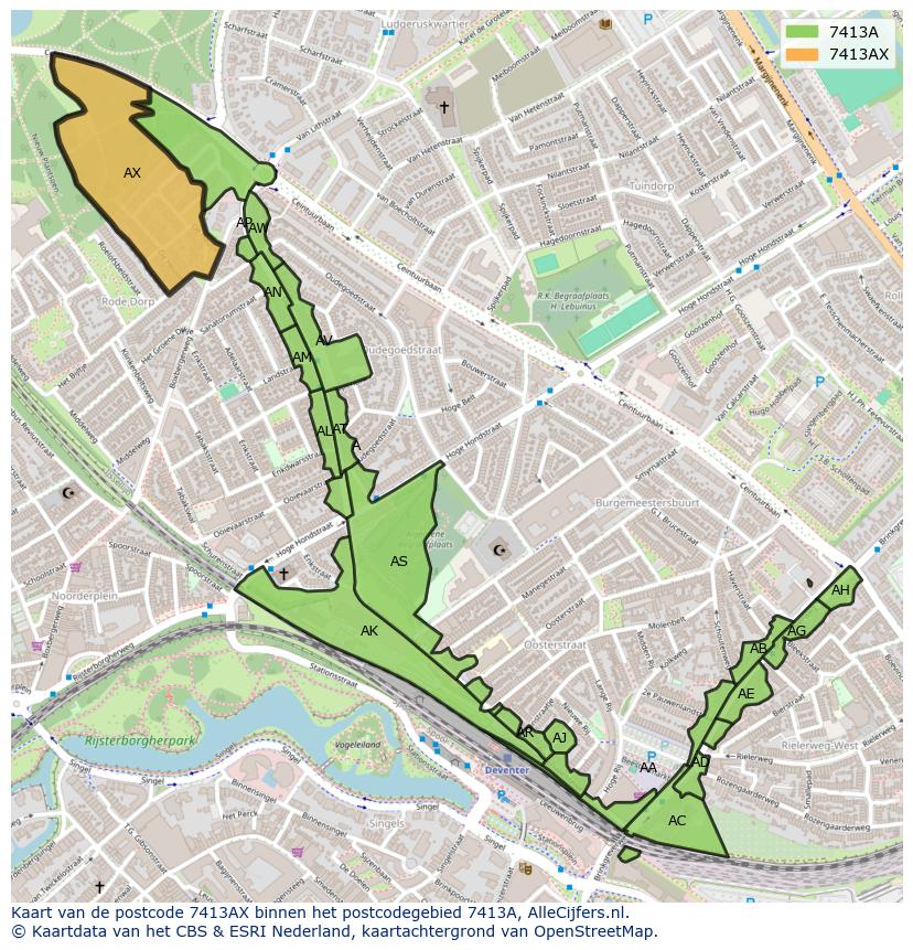 Afbeelding van het postcodegebied 7413 AX op de kaart.