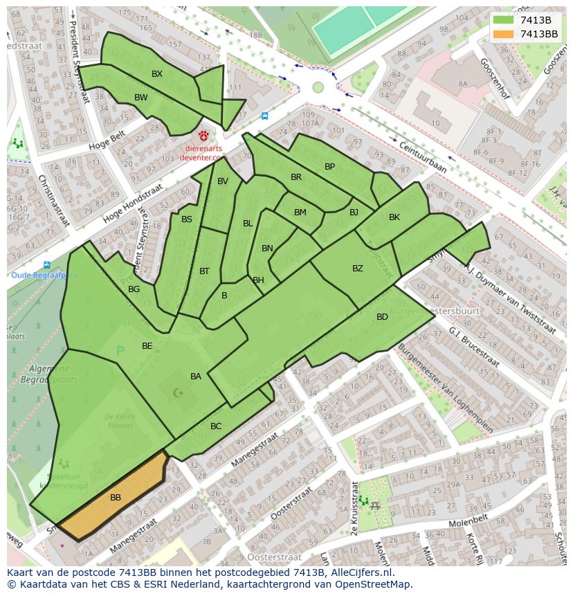 Afbeelding van het postcodegebied 7413 BB op de kaart.
