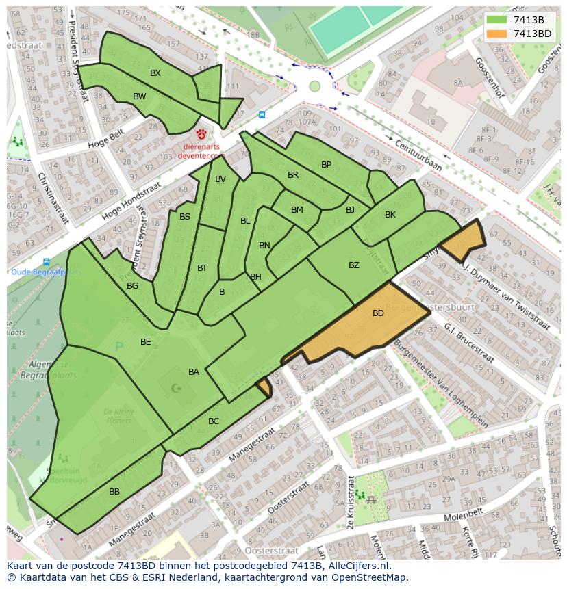 Afbeelding van het postcodegebied 7413 BD op de kaart.