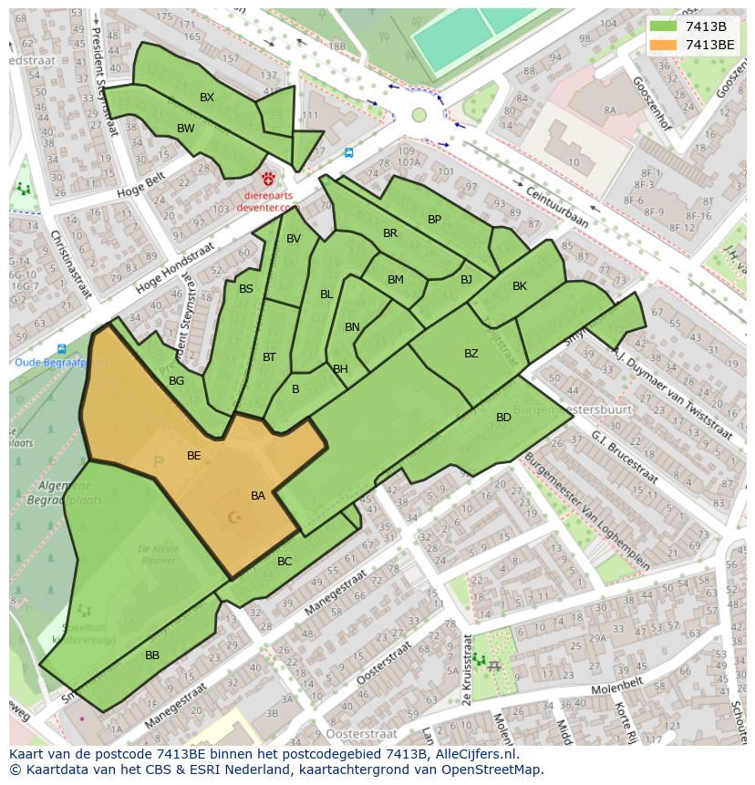 Afbeelding van het postcodegebied 7413 BE op de kaart.