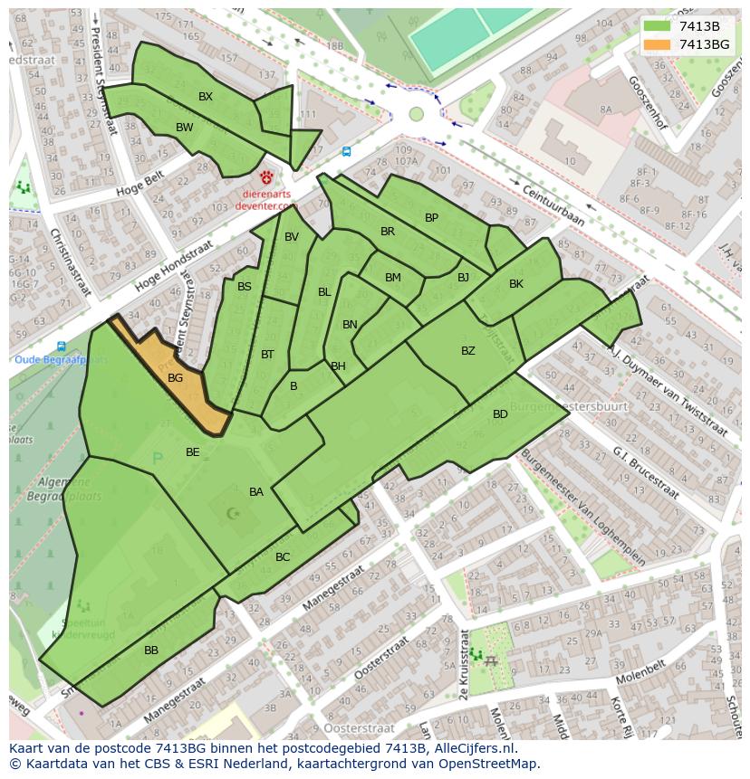 Afbeelding van het postcodegebied 7413 BG op de kaart.