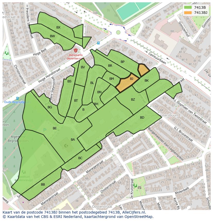 Afbeelding van het postcodegebied 7413 BJ op de kaart.